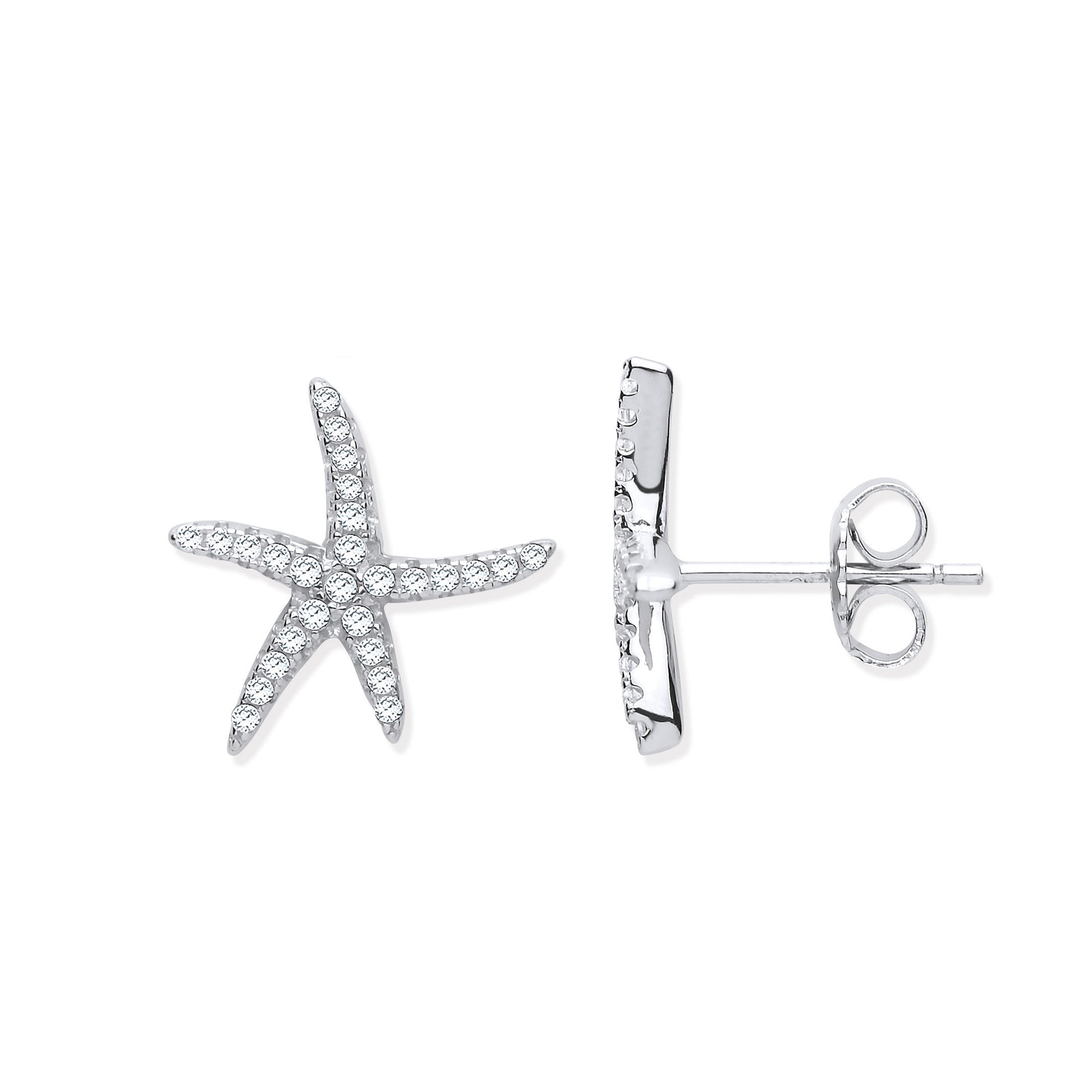 Starfish-shaped silver earrings on a white background