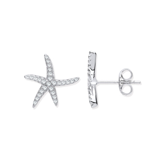 Starfish-shaped silver earrings on a white background