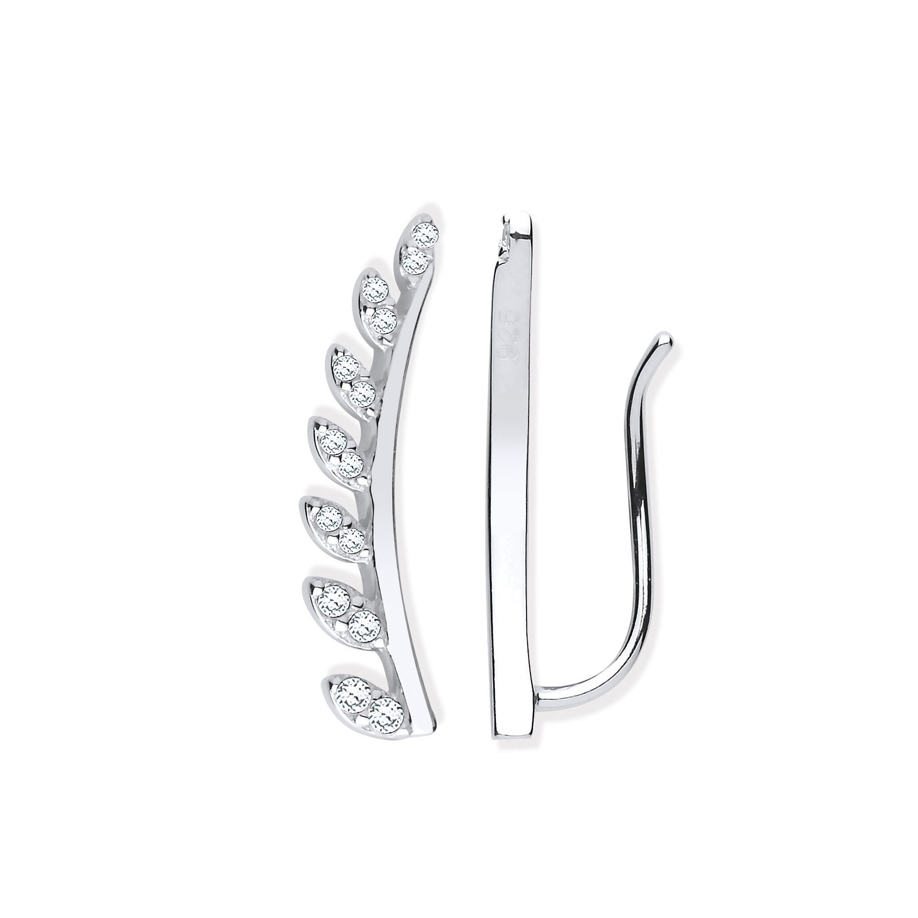Silver earrings with clear gemstones on a white background