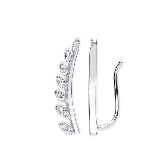 Silver earrings with clear gemstones on a white background