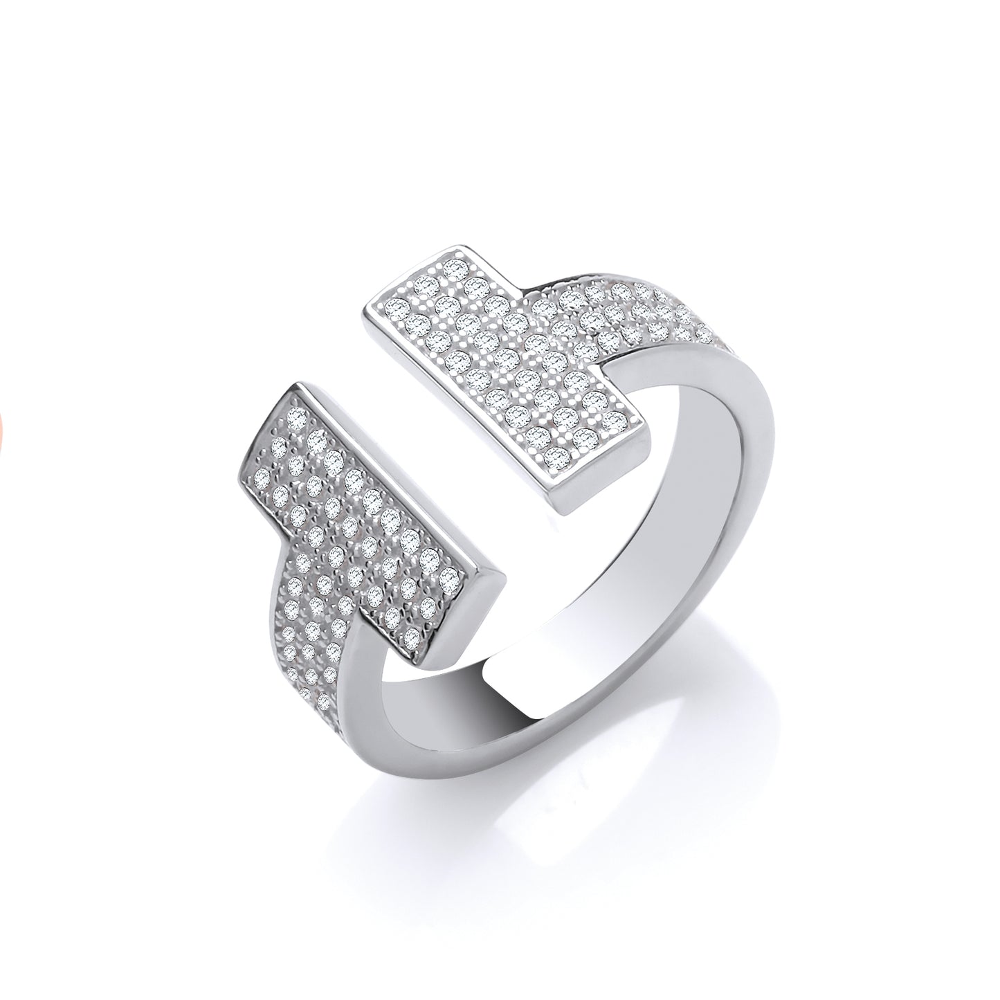 Silver ring with diamond accents on a white background
