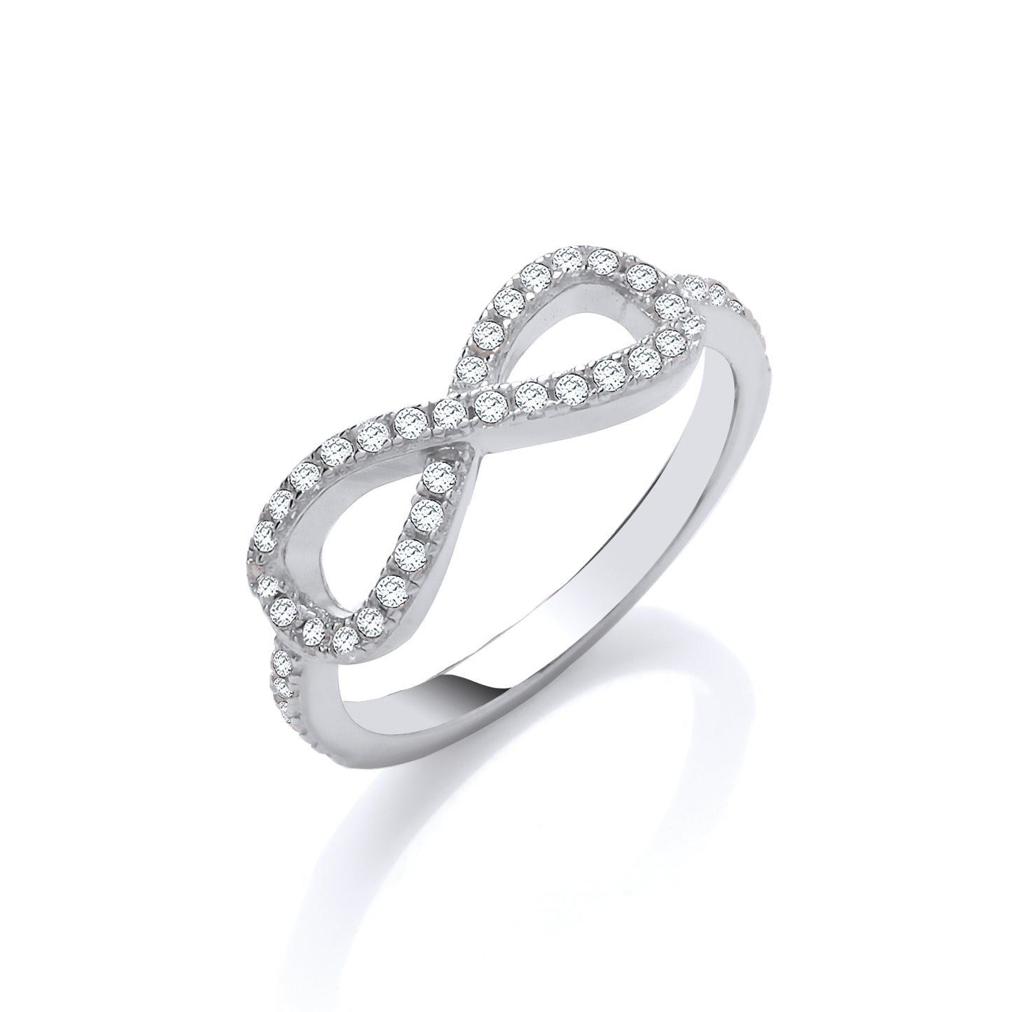 Silver infinity ring with small diamonds on a white background