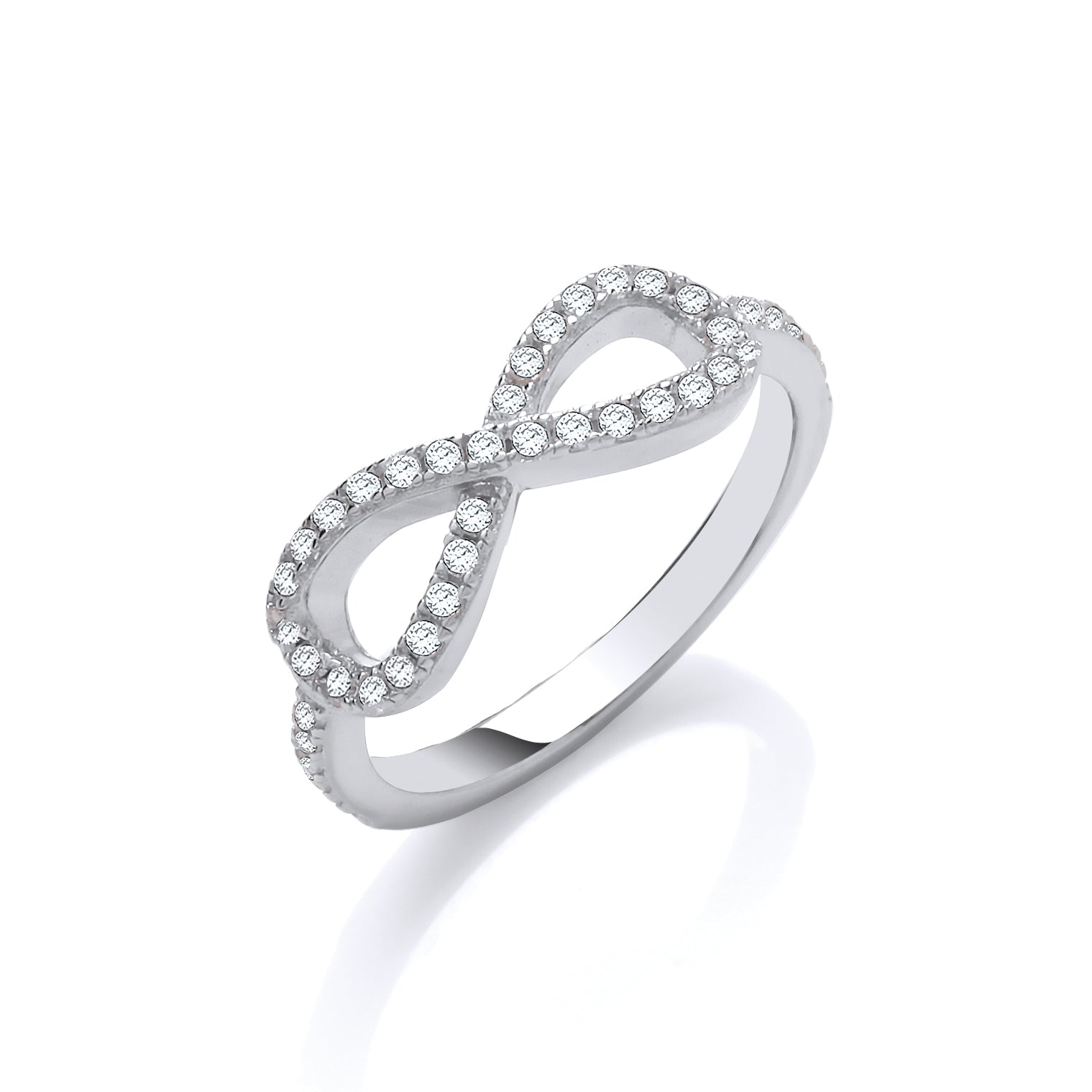 Silver infinity ring with small diamonds on a white background