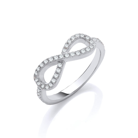 Silver infinity ring with small diamonds on a white background