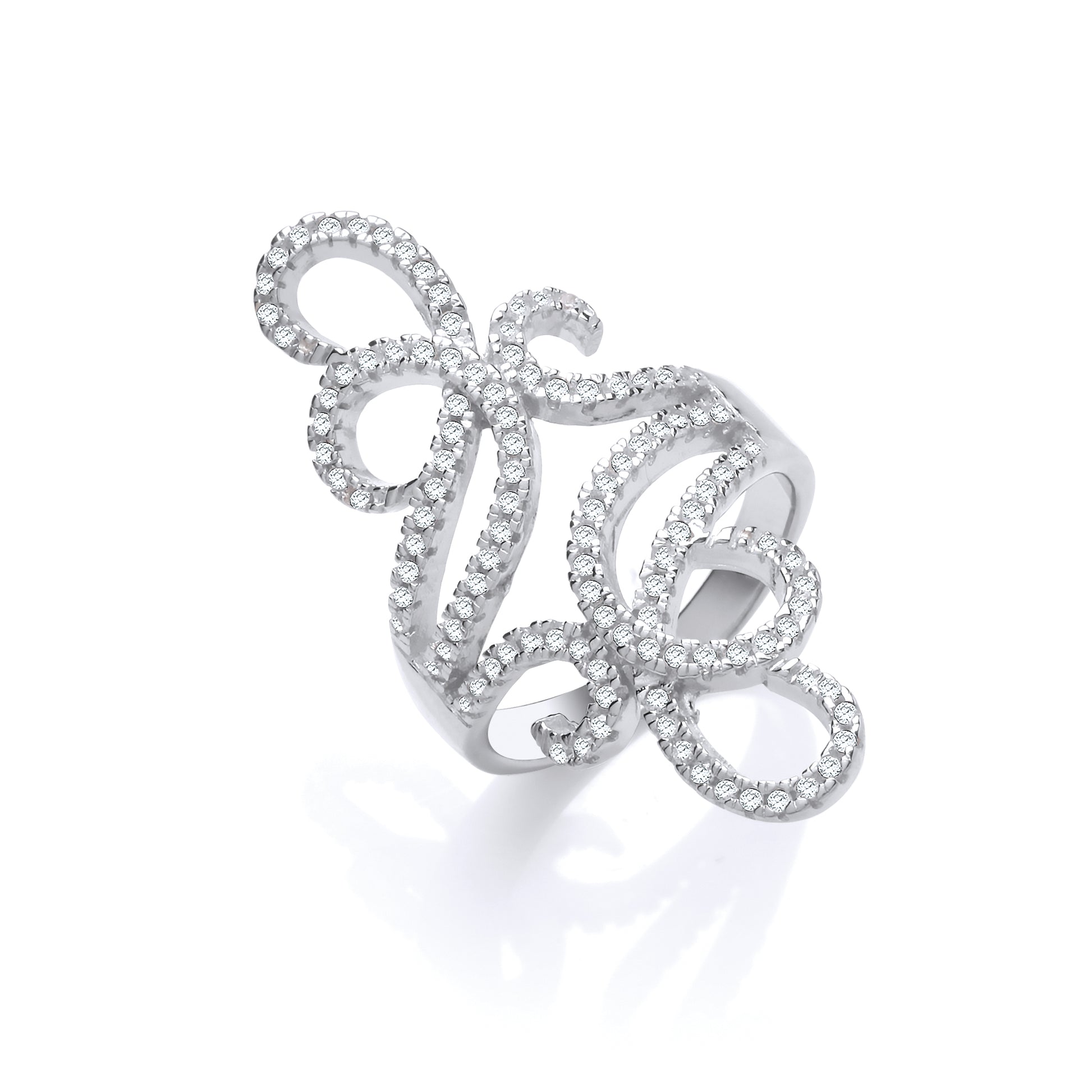 Silver ring with intricate design on a white background