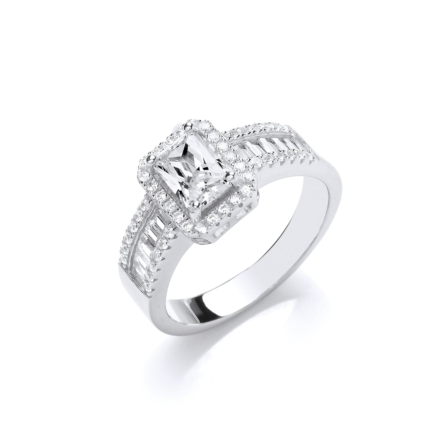 Silver ring with diamond accents on a white background
