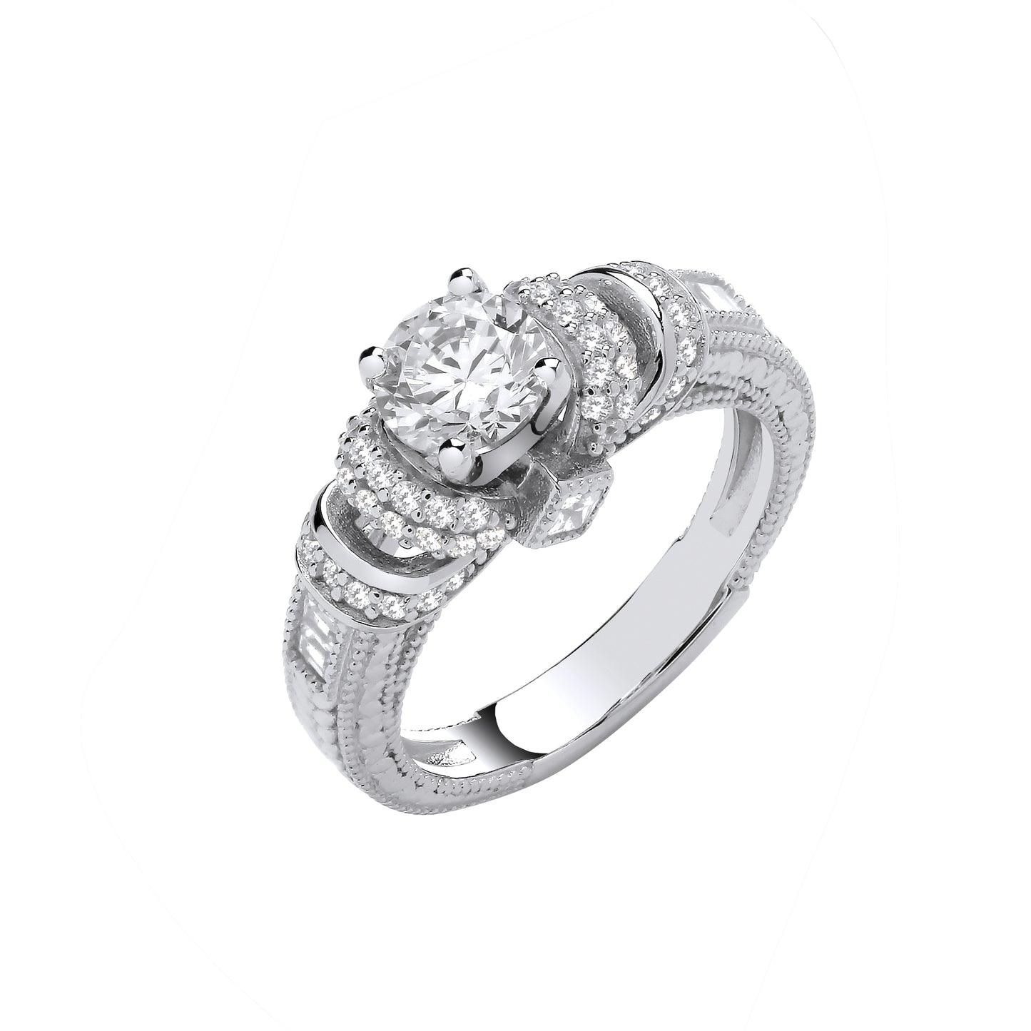 Silver Vintage Look, Milgrain Shank Solitaire CZ Ring