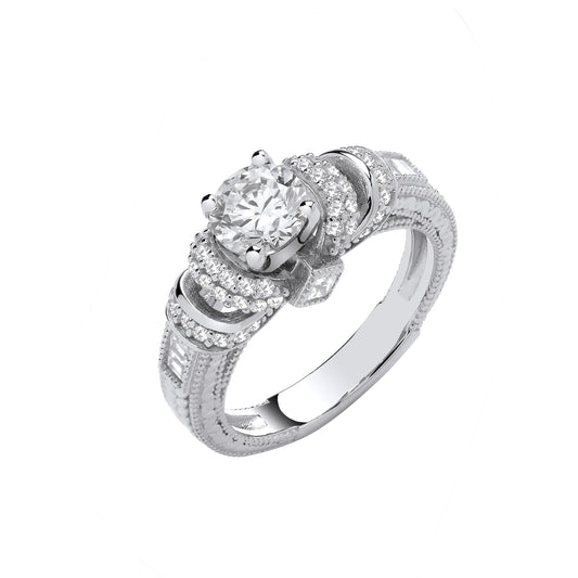 Silver Vintage Look, Milgrain Shank Solitaire CZ Ring